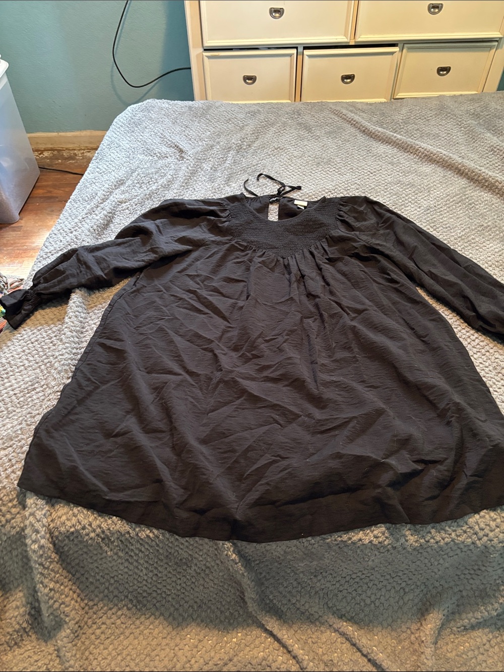 Women's size S black Smocked Yoke Long Sleeve Dress